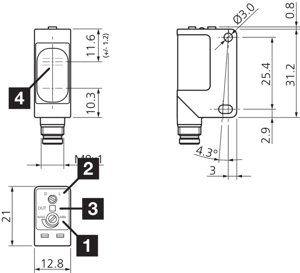 Diffuse sensor OH 30 K 400 P3-T4, range 30 … 400 mm